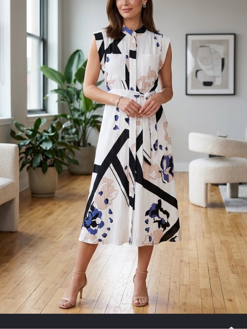Nine West White Floral-Print Pleated Midi Dress maxi blue& Beige